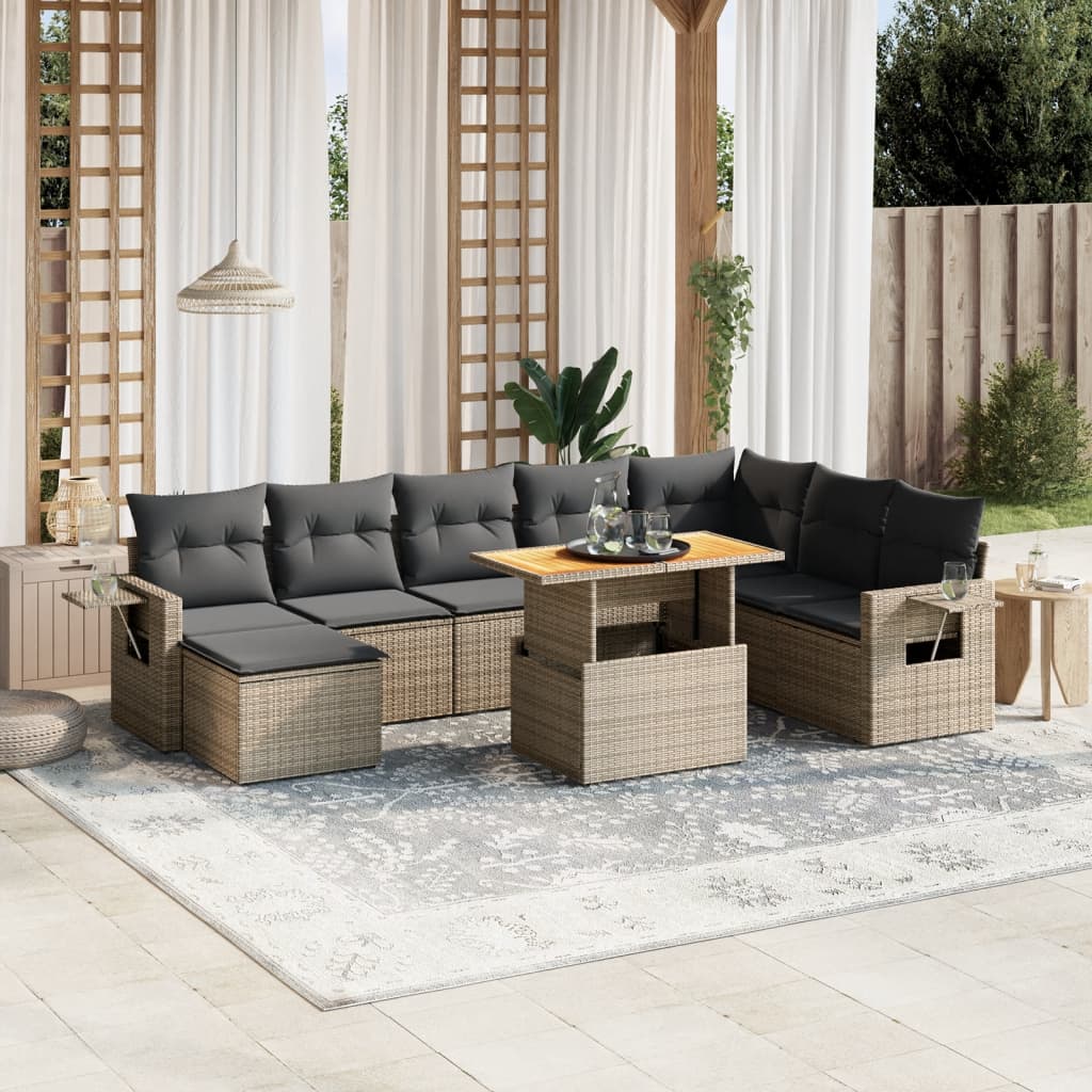 Vetonek Set de muebles de jardín 9 pzas y cojines ratán sintético gris