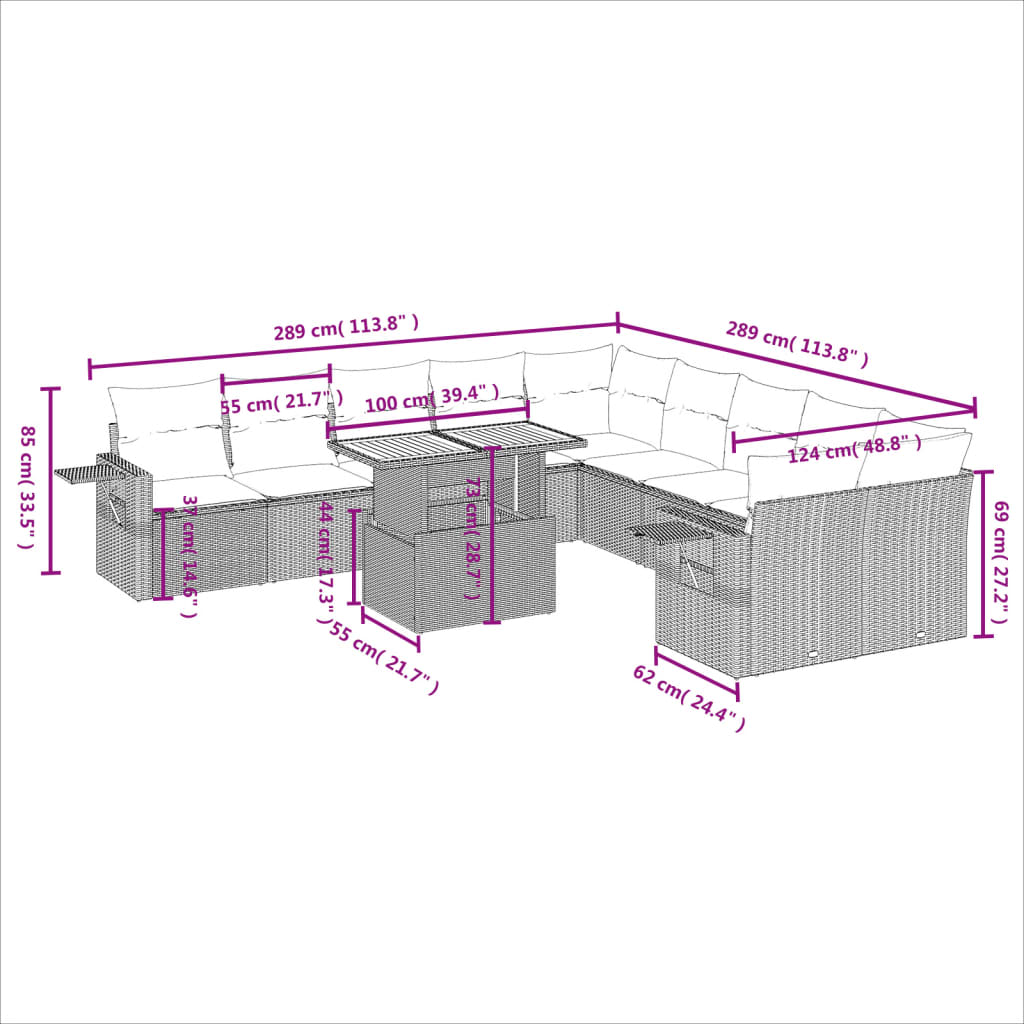 Set de sofás de jardín 11pzas con cojines ratán sintético beige