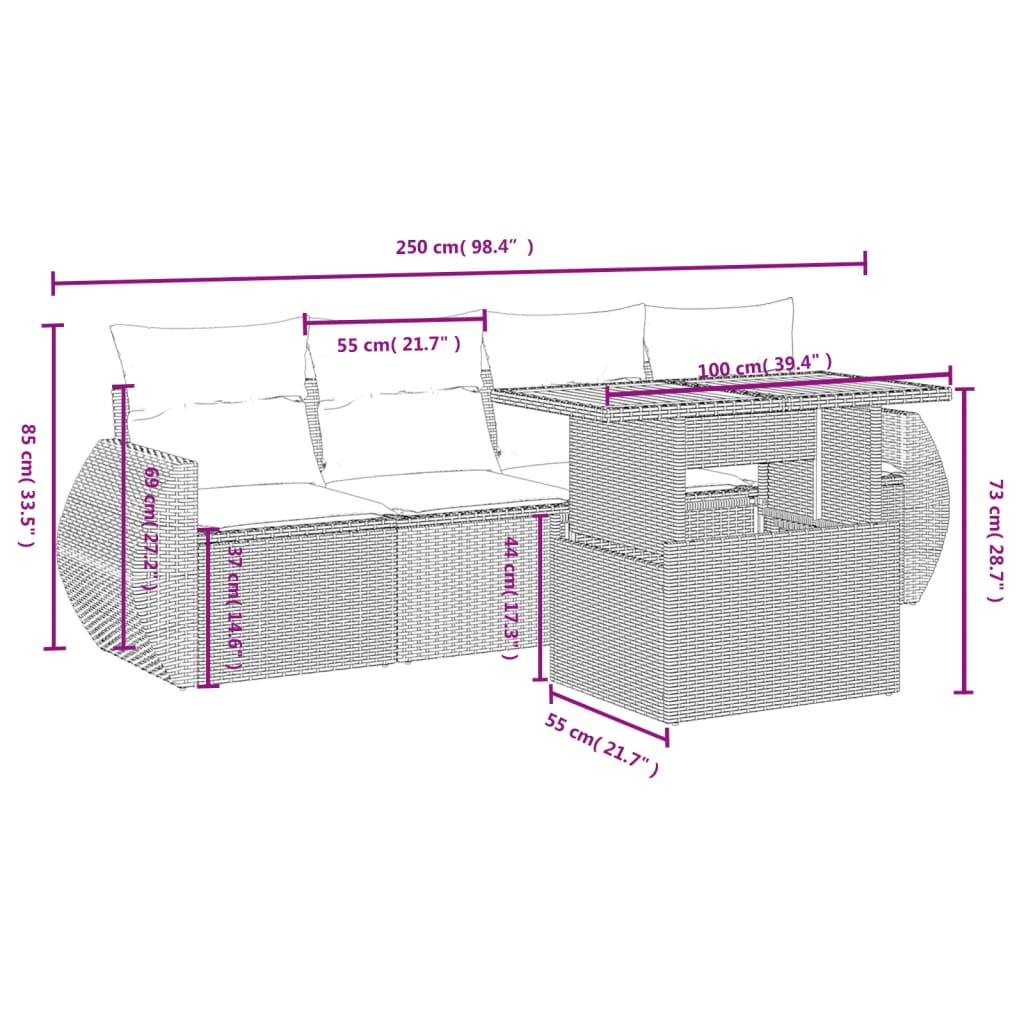 Set de muebles de jardín 5 pzas y cojines ratán sintético negro - Vetonek