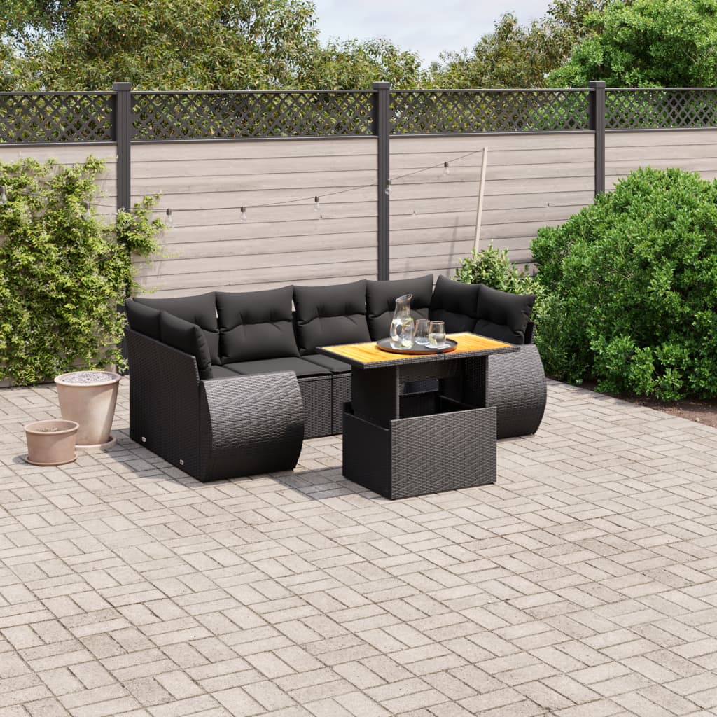 Garden dining set 7 pcs and black synthetic rattan cushions