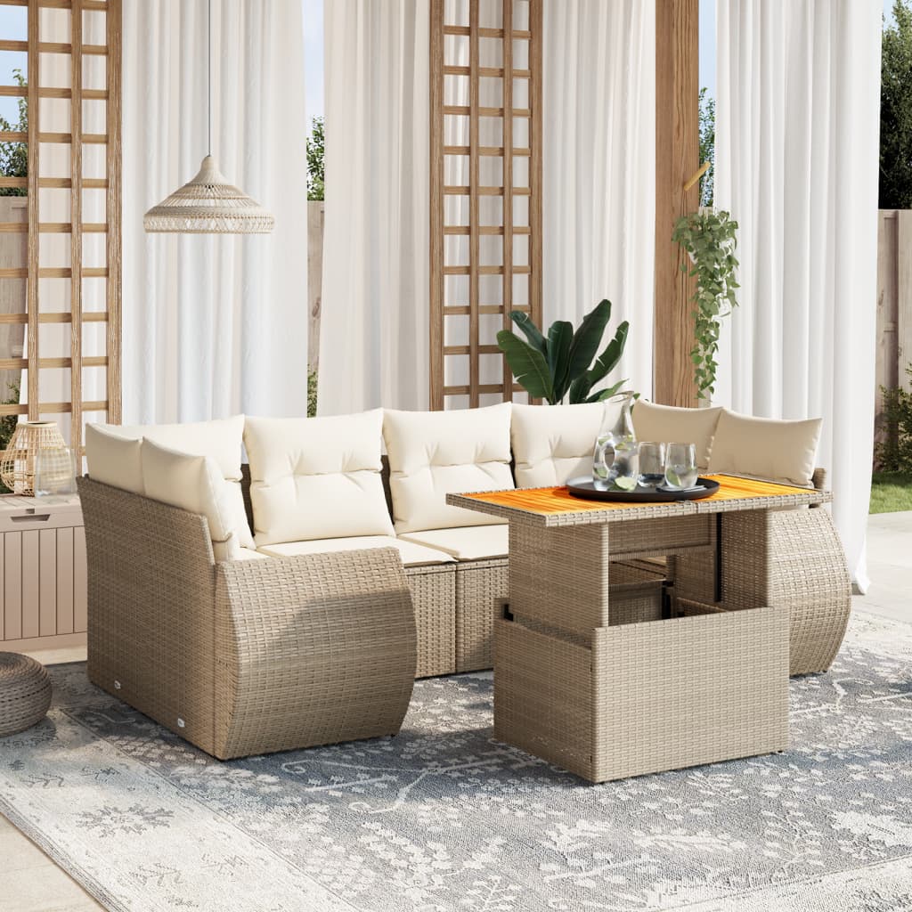 Set sofás de jardín 7 piezas y cojines ratán sintético beige