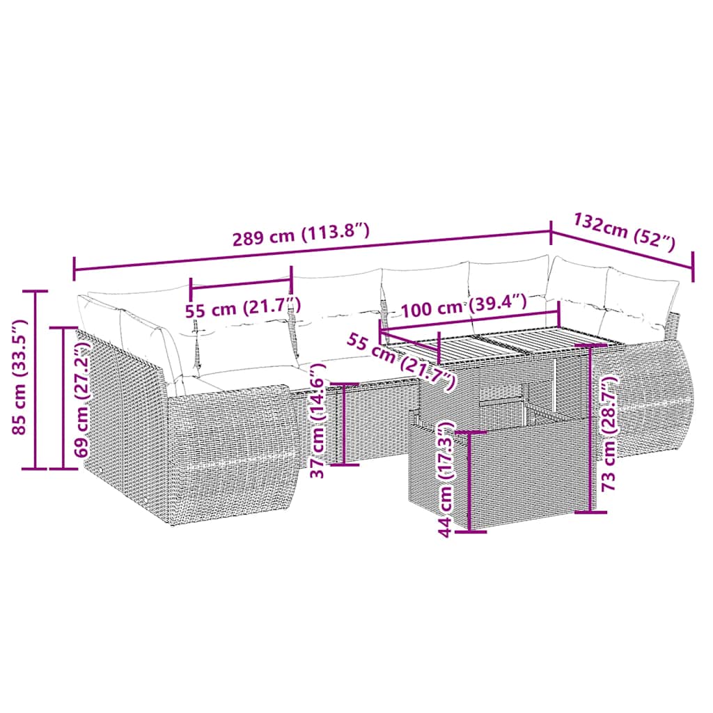 Juego de sofás de jardín con cojines beige 8 pzas ratán PE V8992 Vetonek