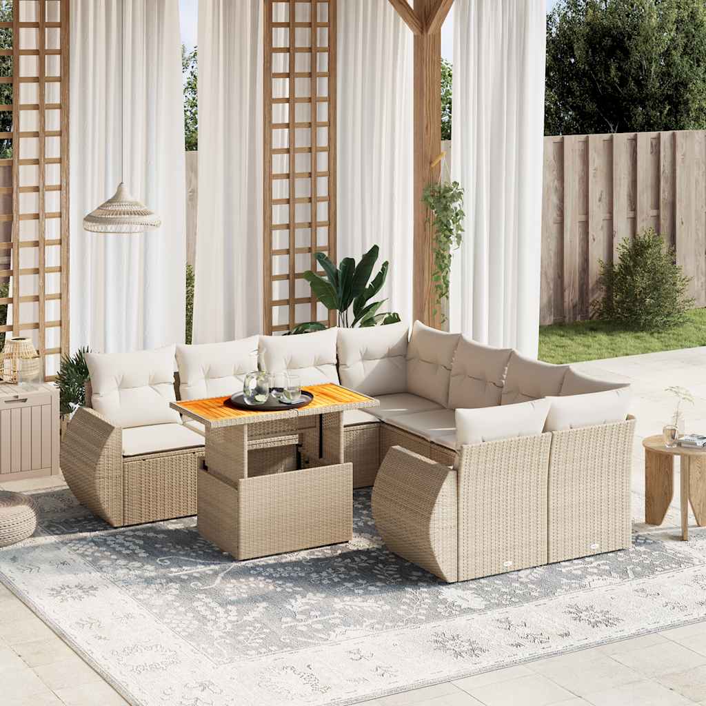 Vetonek Set de sofás de jardín 9 pzas con cojines ratán sintético beige