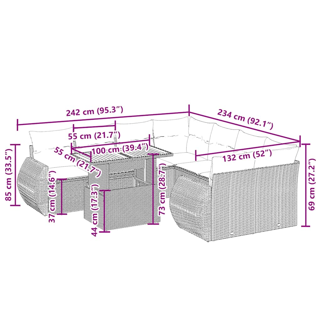 Set de sofás de jardín 9 pzas con cojines ratán sintético beige - Vetonek