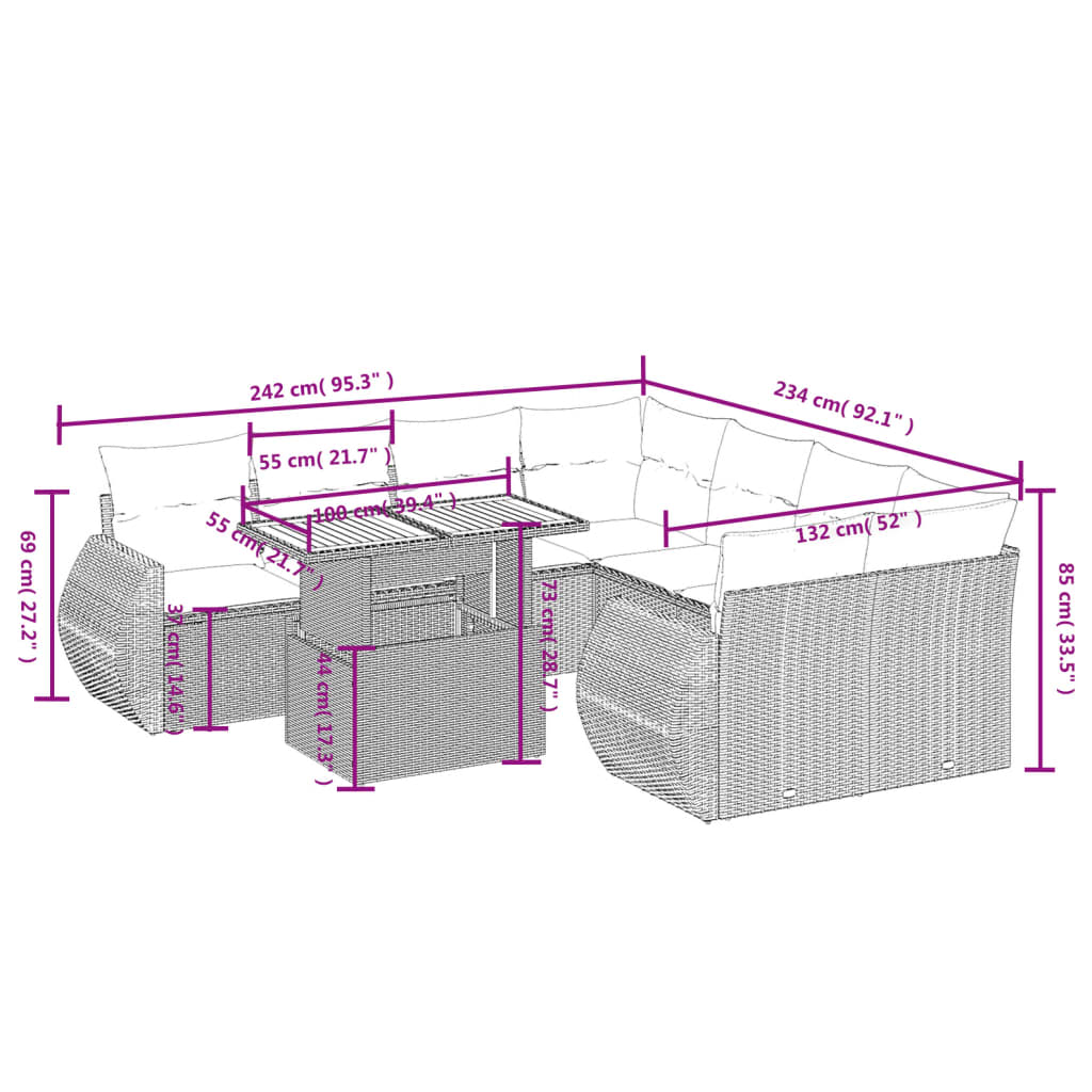 Set de muebles de jardín 9 pzas y cojines ratán sintético gris - Vetonek