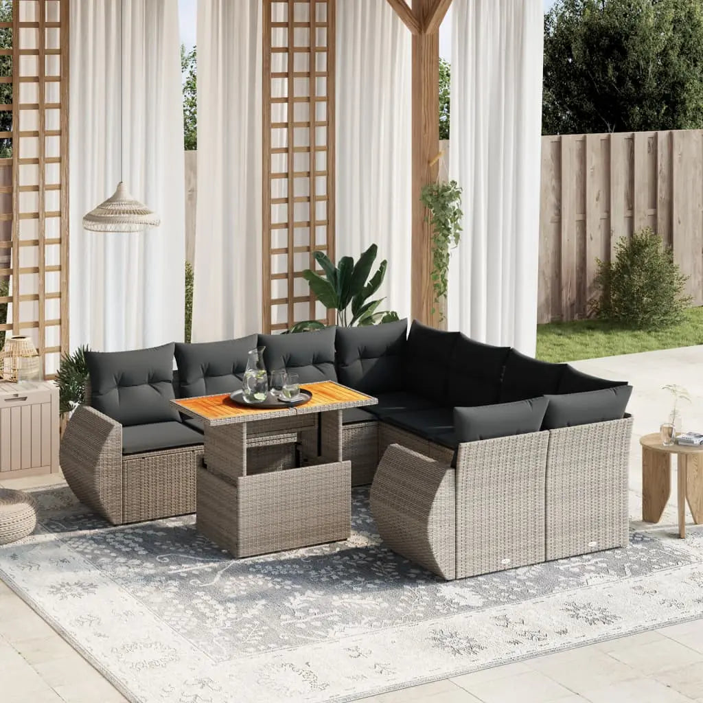 Vetonek Set de muebles de jardín 9 pzas y cojines ratán sintético gris