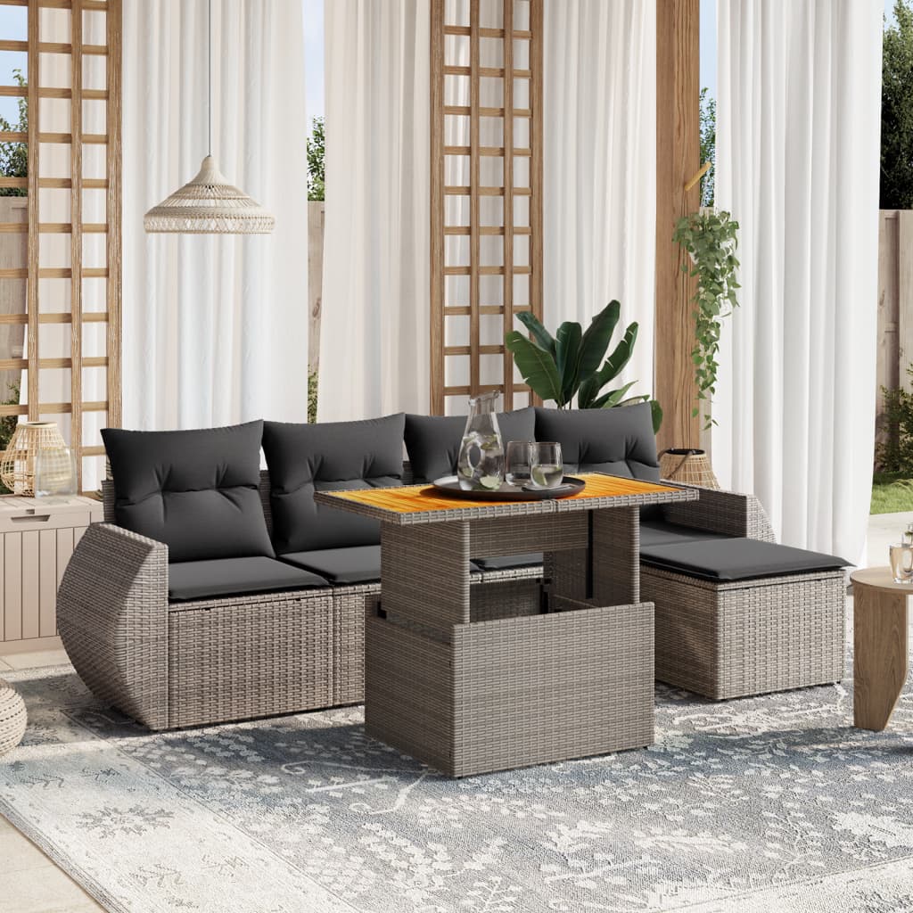 Vetonek Set de muebles de jardín 6 pzas y cojines ratán sintético gris