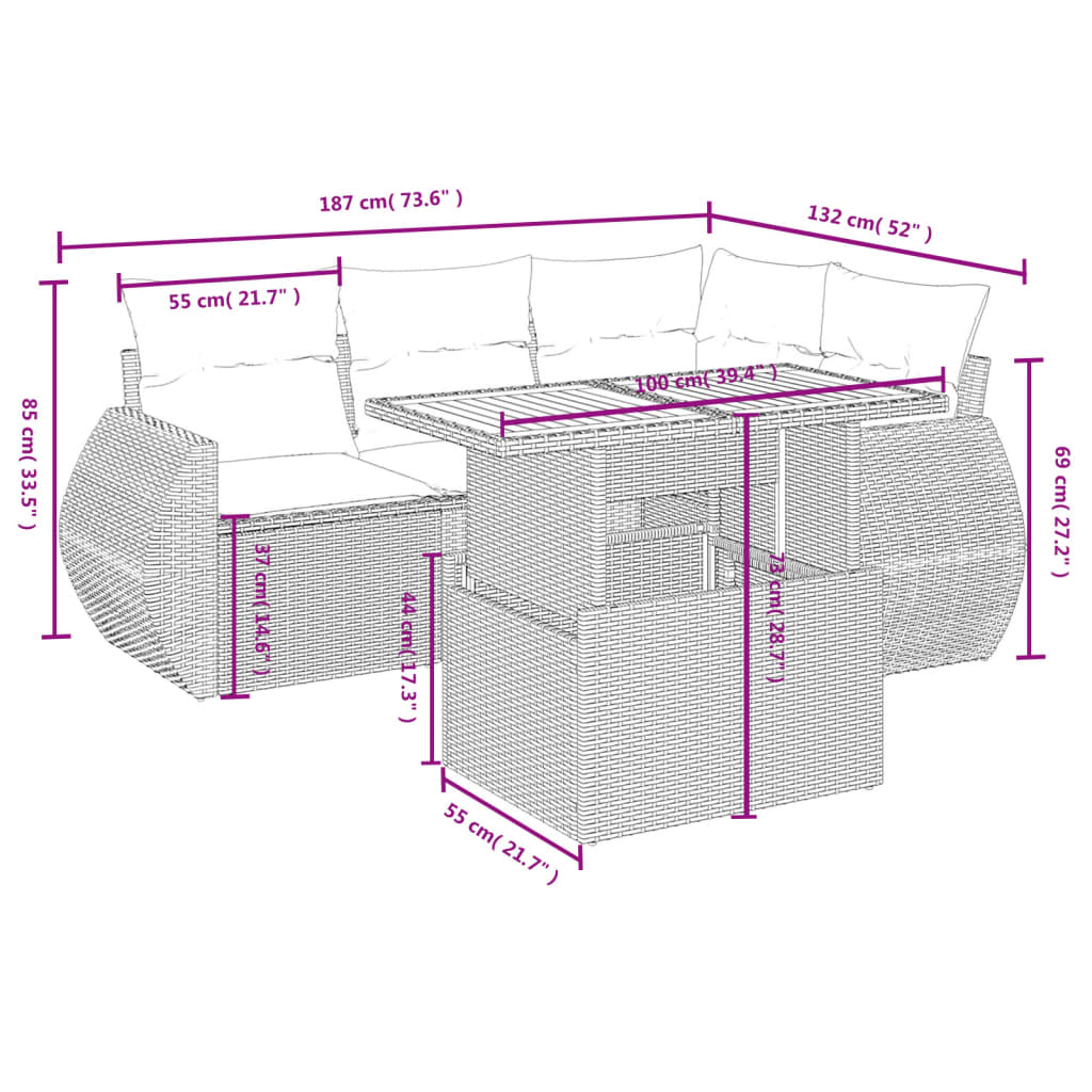 Set de muebles de jardín 5 pzas y cojines ratán sintético negro - Vetonek