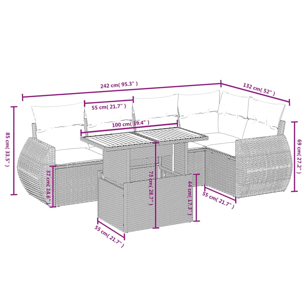 Set de muebles de jardín 6 pzas y cojines ratán sintético gris - Vetonek