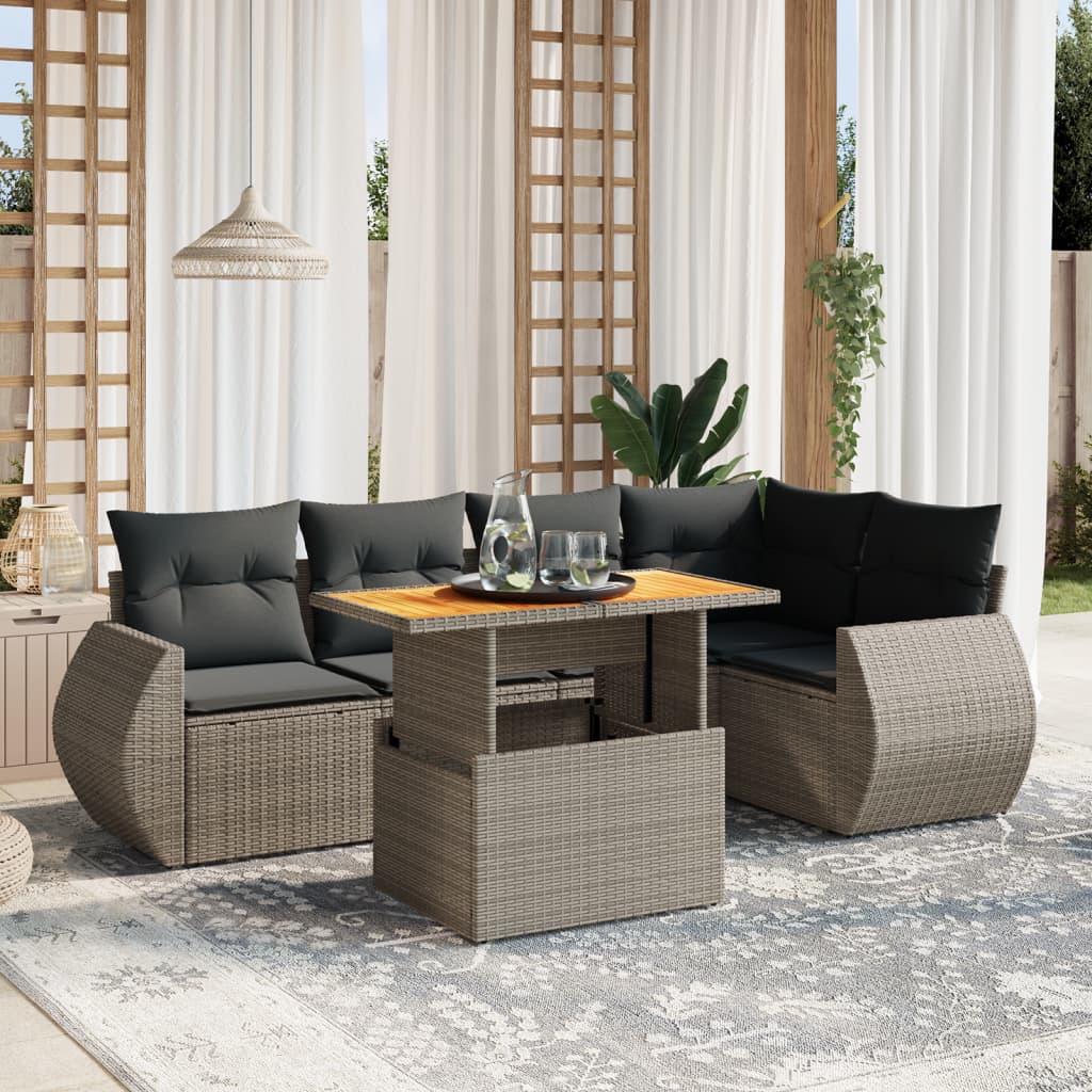 Vetonek Set de muebles de jardín 6 pzas y cojines ratán sintético gris