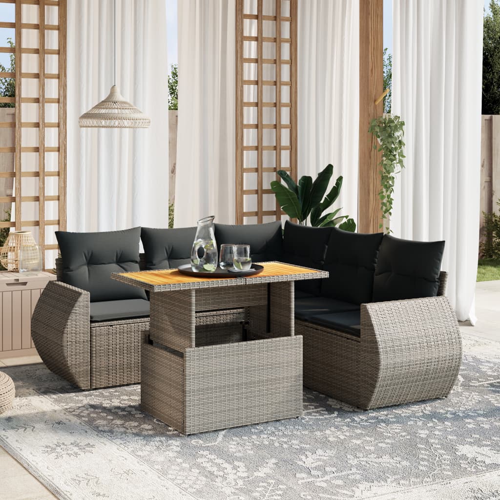 Vetonek Set de muebles de jardín 6 pzas y cojines ratán sintético gris