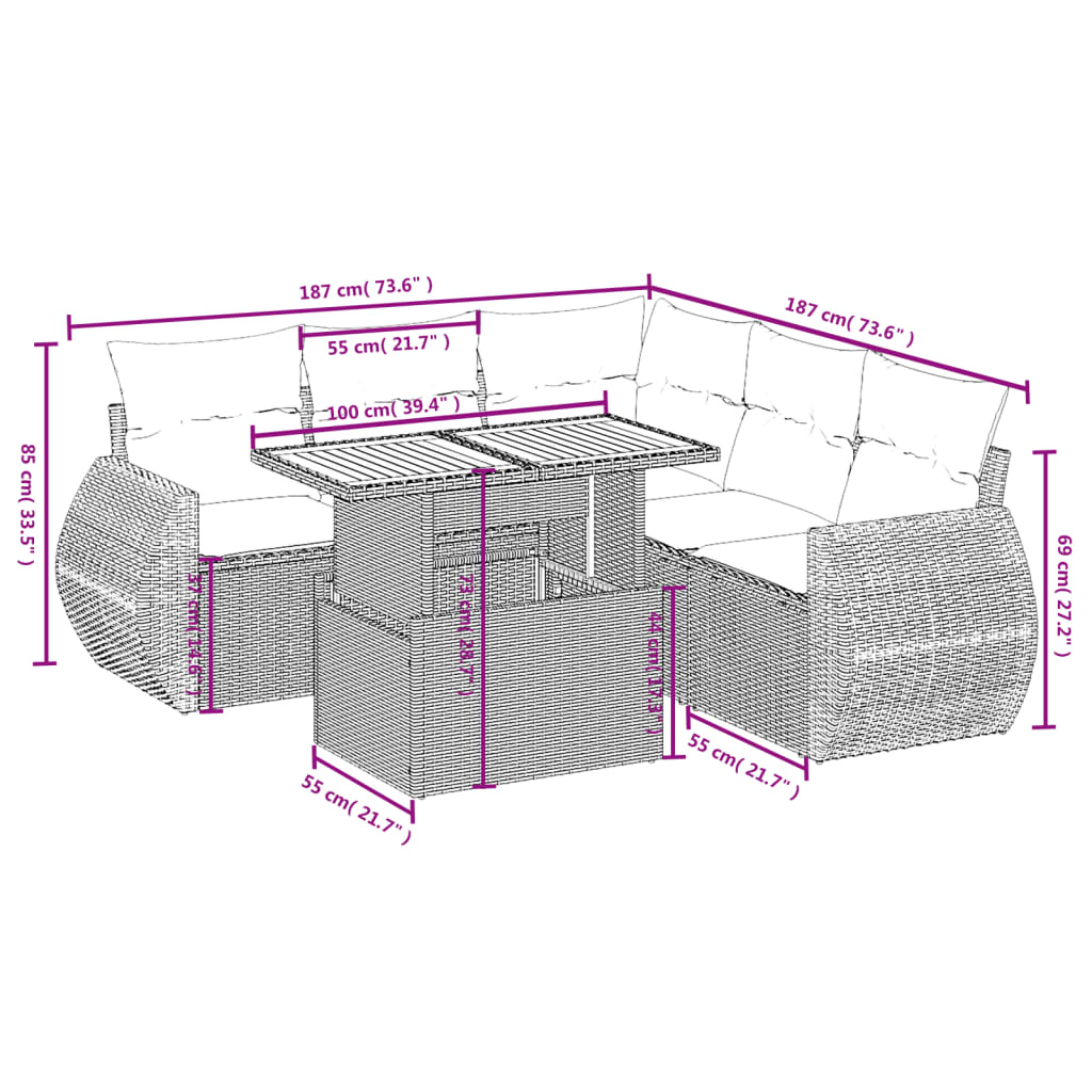 Set de muebles de jardín 6 pzas y cojines ratán sintético gris - Vetonek