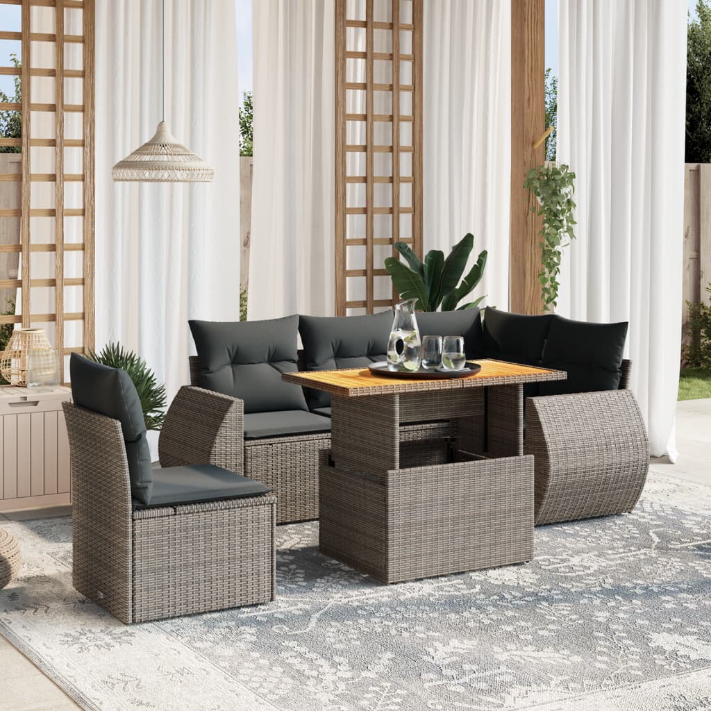 Vetonek Set de muebles de jardín 6 pzas y cojines ratán sintético gris