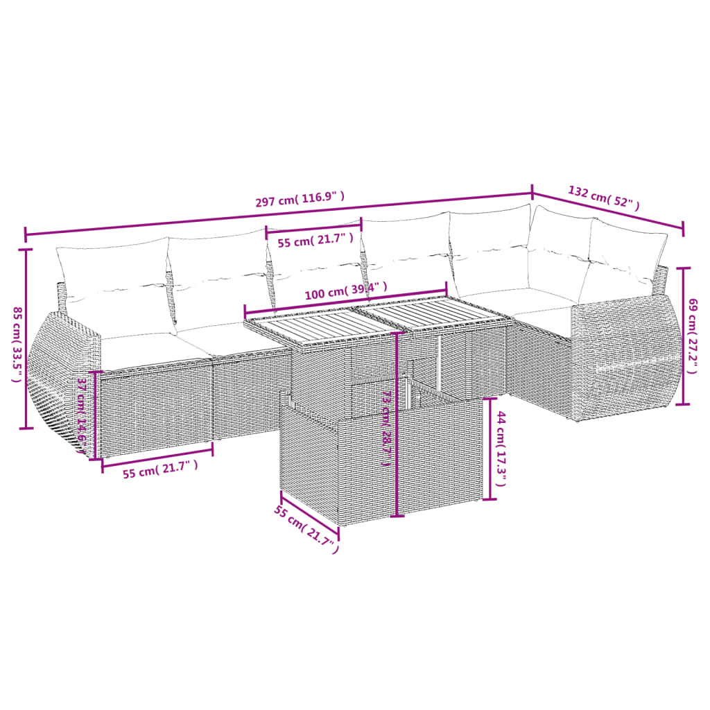 Set de comedor de jardín 7 pzas y cojines ratán sintético negro - Vetonek