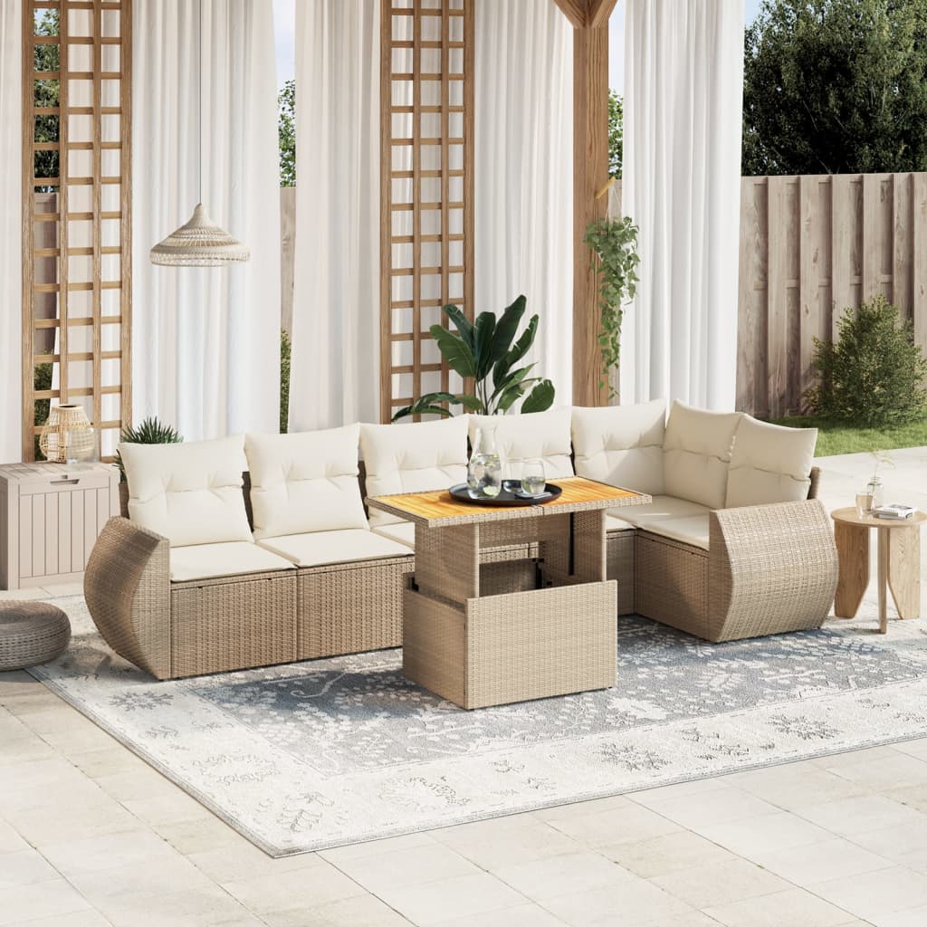 Set sofás de jardín 7 piezas y cojines ratán sintético beige