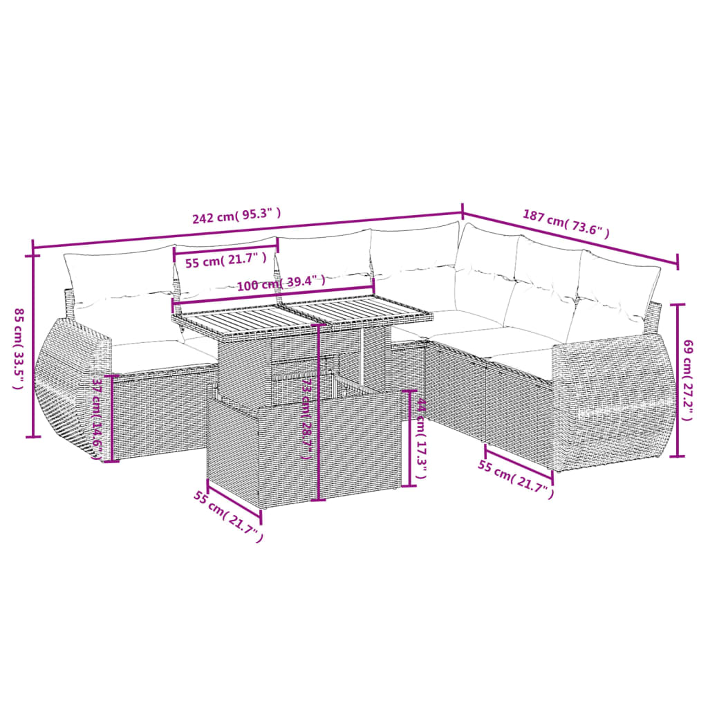 Set de comedor de jardín 7 pzas y cojines ratán sintético negro - Vetonek