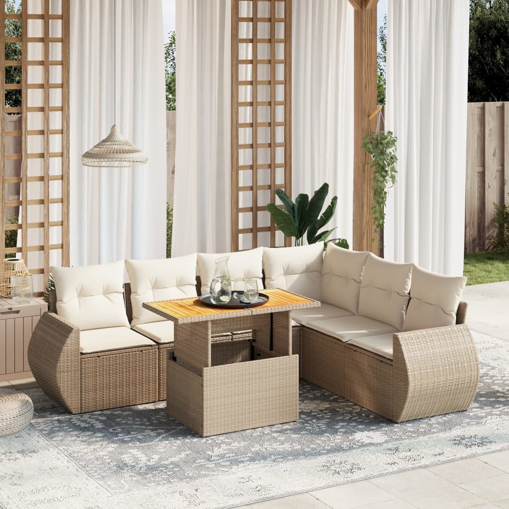 Set sofás de jardín 7 piezas y cojines ratán sintético beige