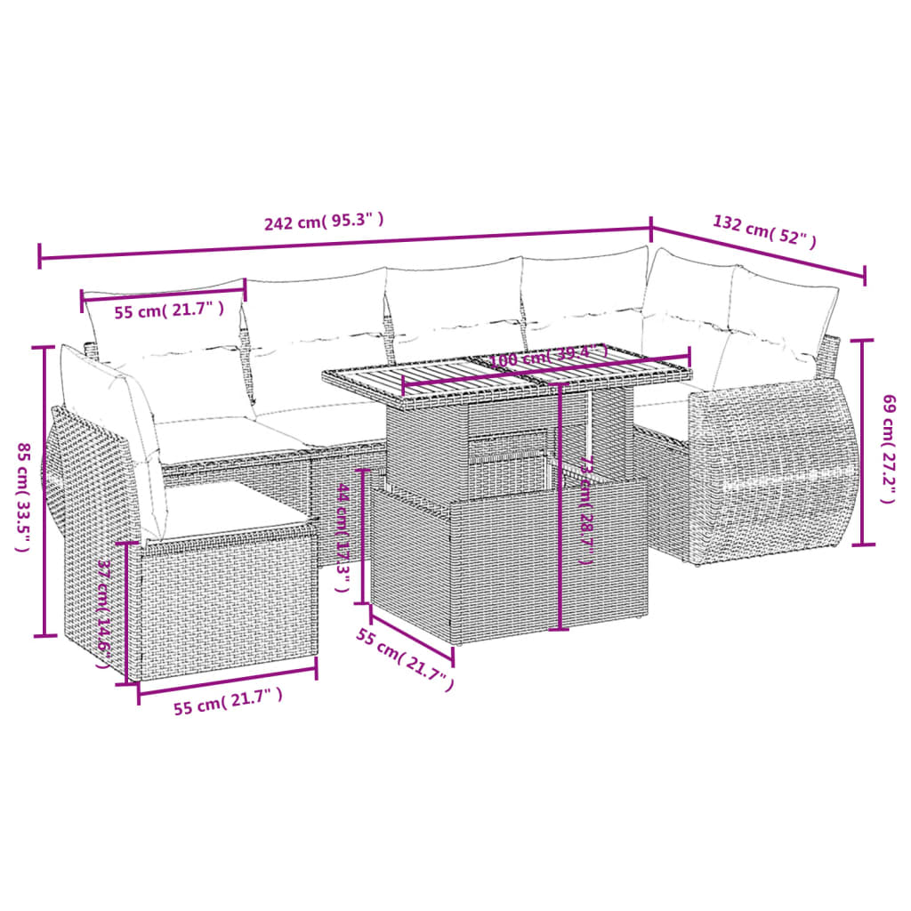 Set de comedor de jardín 7 pzas y cojines ratán sintético negro - Vetonek