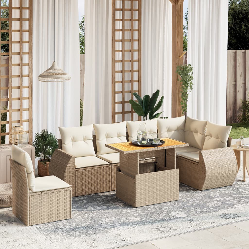 Set sofás de jardín 7 piezas y cojines ratán sintético beige