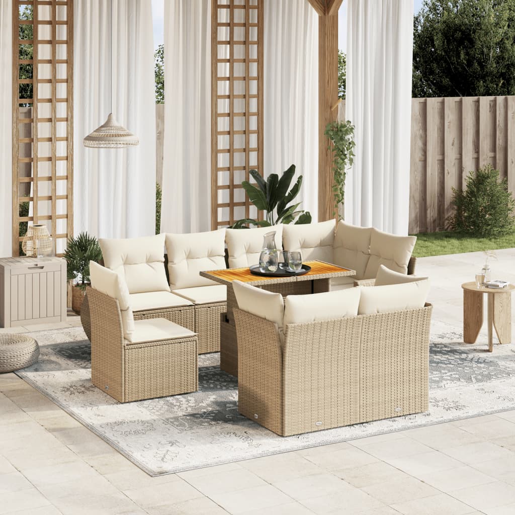 Vetonek Set de sofás de jardín 9 pzas con cojines ratán sintético beige