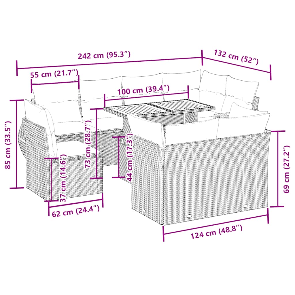 Set de sofás de jardín 9 pzas con cojines ratán sintético beige - Vetonek