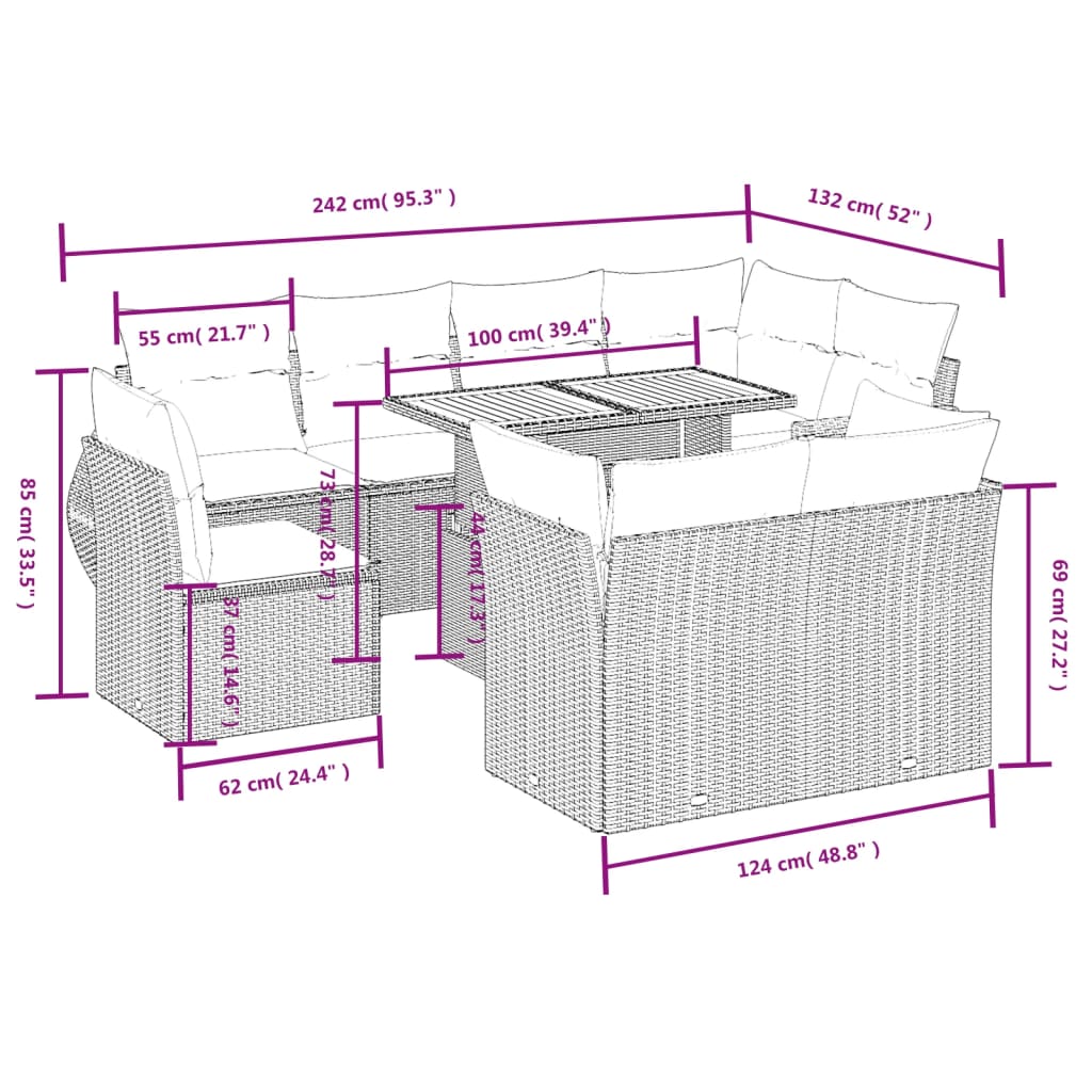 Set de muebles de jardín 9 pzas y cojines ratán sintético gris - Vetonek