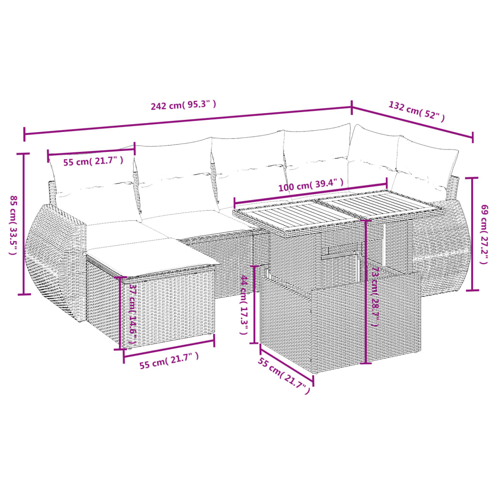 Sofás de jardim Conjunto de 7 PCs com almofadas de vime sintética cinza