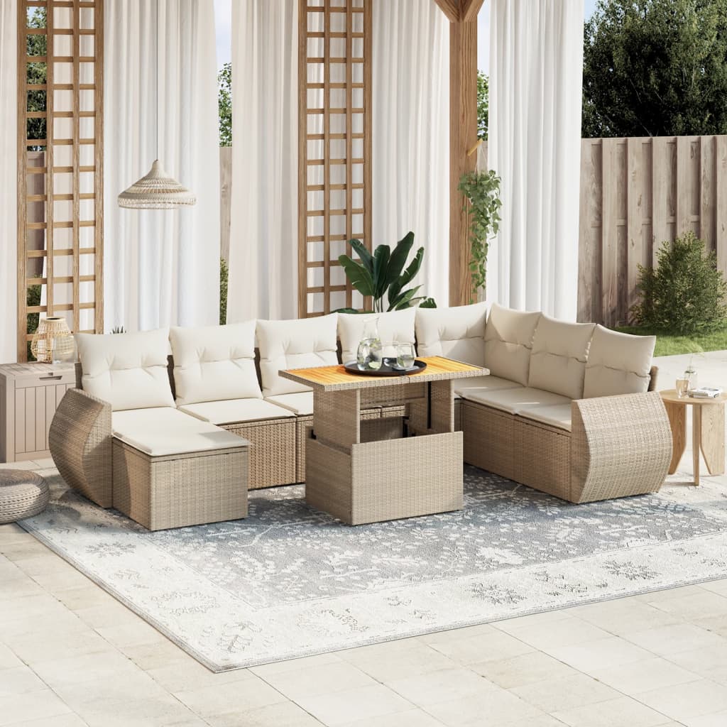 Vetonek Set de sofás de jardín 9 pzas con cojines ratán sintético beige