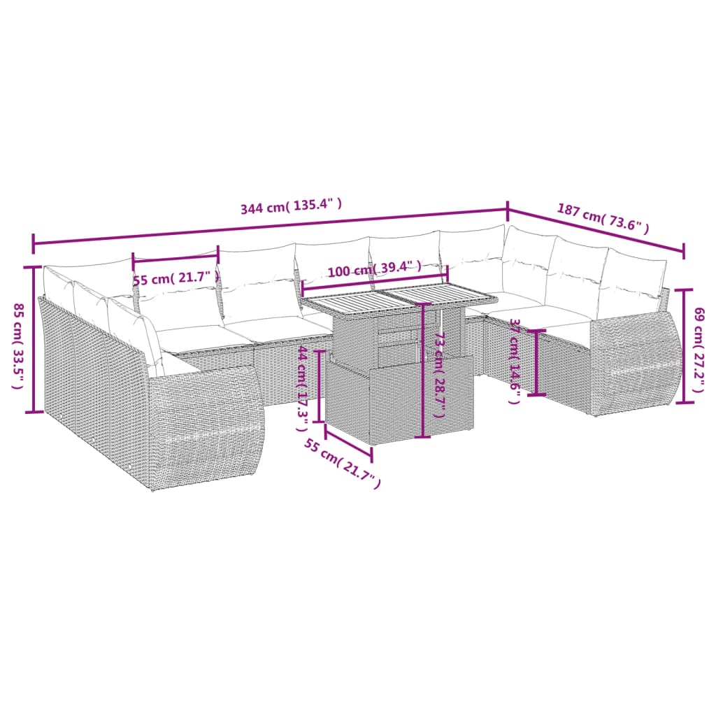 Sofás de jardim Conjunto de 11 PCs e Almofadas Cinzentas de Rattan Sintética