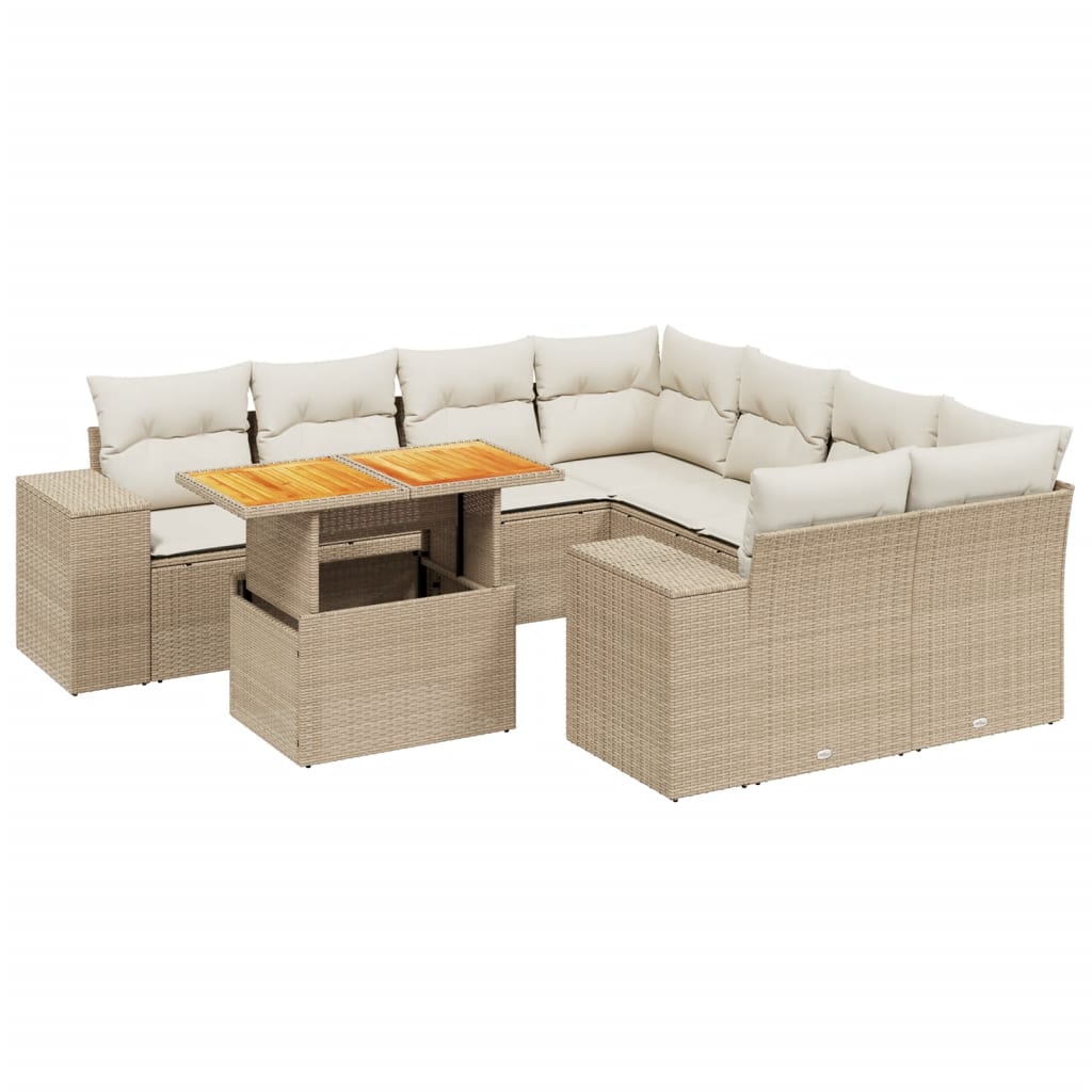 Set de sofás de jardín 9 pzas con cojines ratán sintético beige - Vetonek