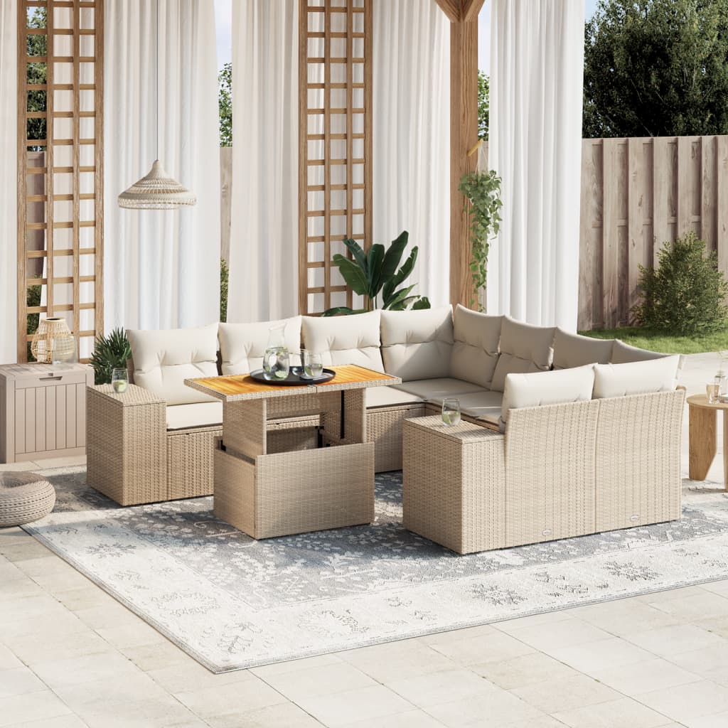 Vetonek Set de sofás de jardín 9 pzas con cojines ratán sintético beige