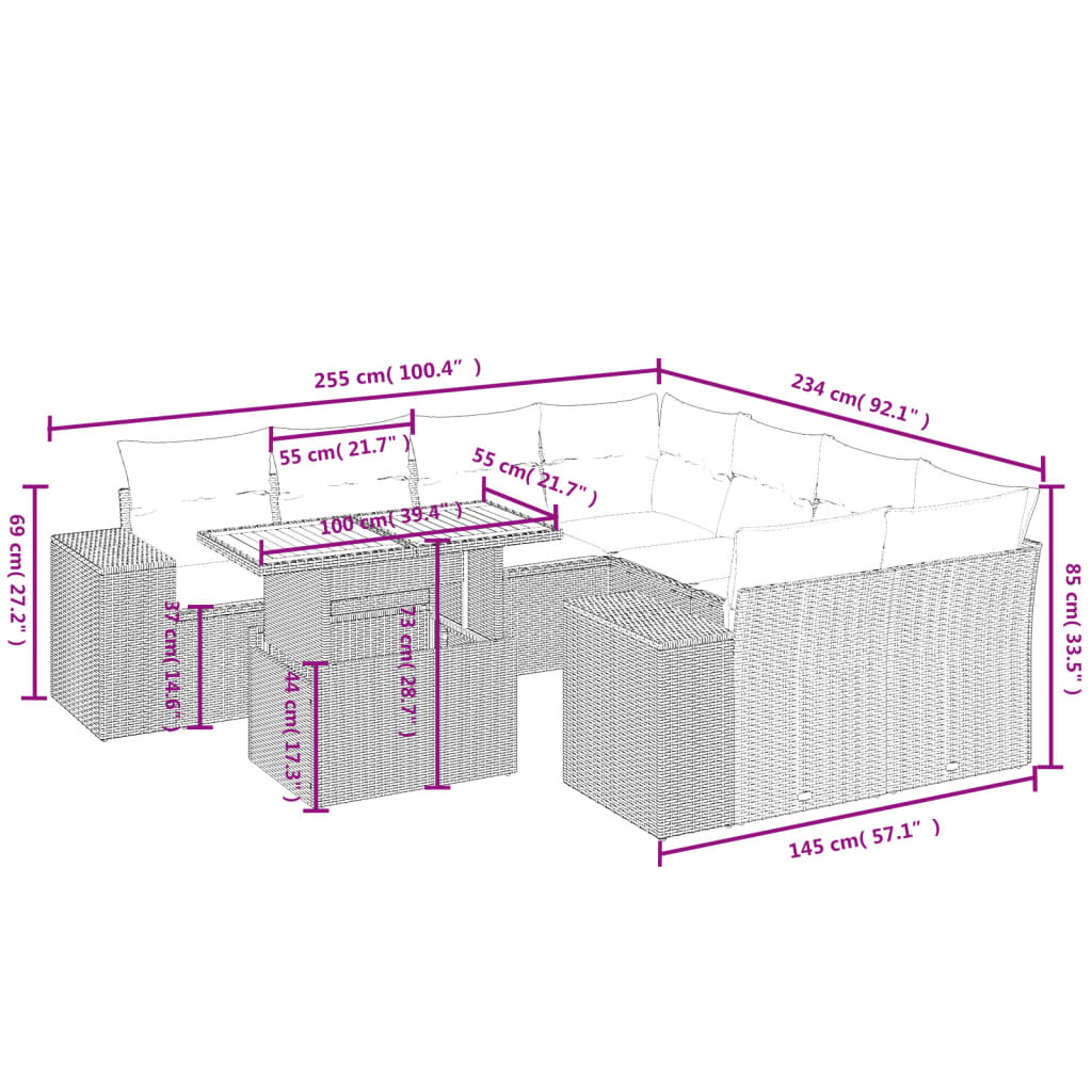 Sofás de jardim Conjunto de 9 PCs com almofadas sintéticas bege