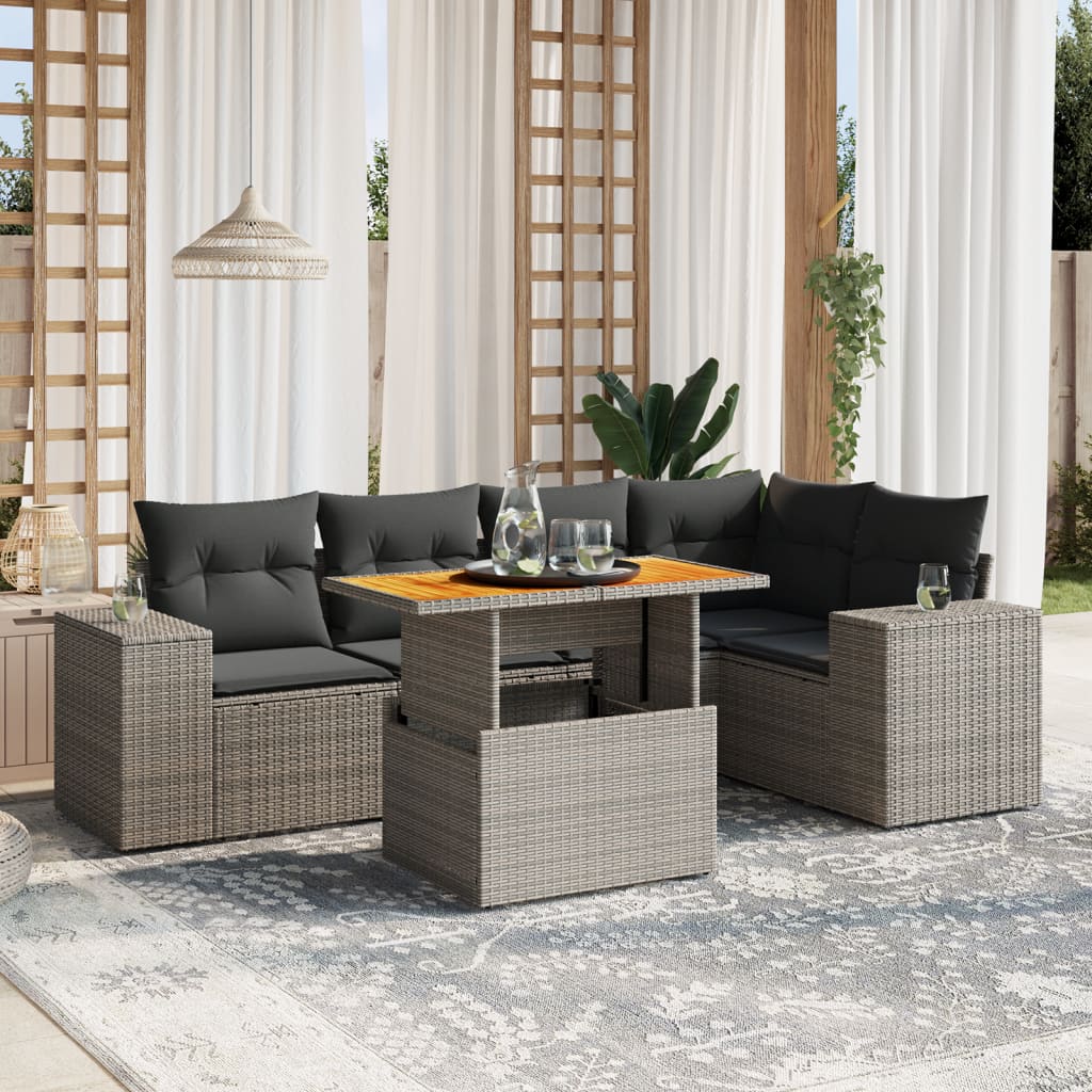 Vetonek Set de muebles de jardín 6 pzas y cojines ratán sintético gris