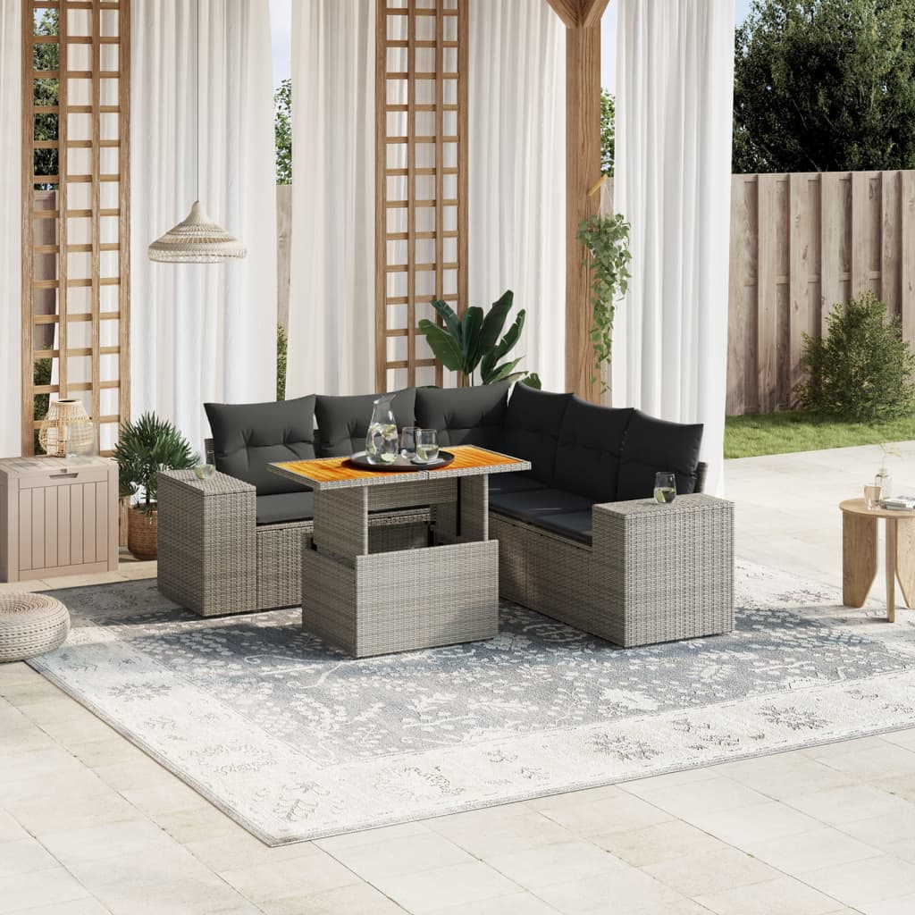 Vetonek Set de muebles de jardín 6 pzas y cojines ratán sintético gris