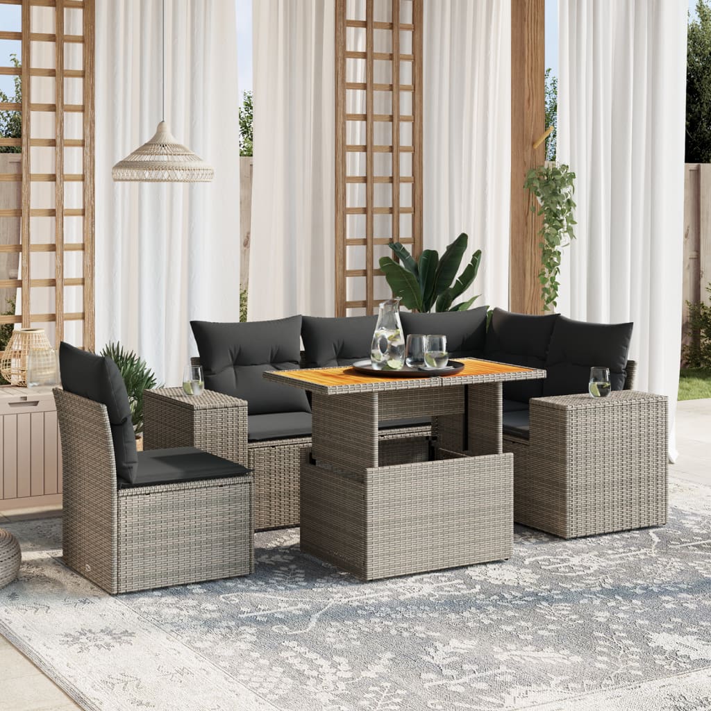 Vetonek Set de muebles de jardín 6 pzas y cojines ratán sintético gris