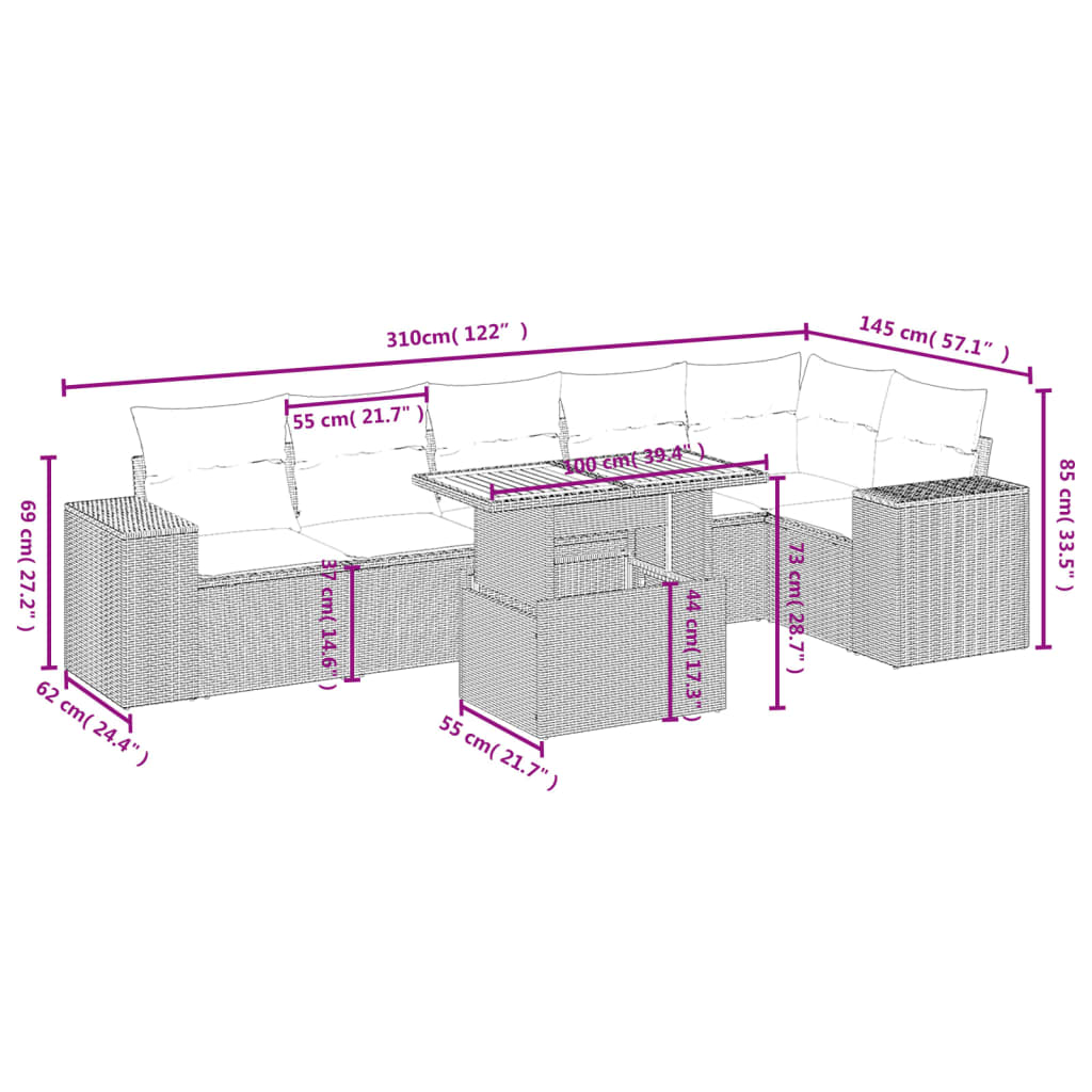 Set de comedor de jardín 7 pzas y cojines ratán sintético negro