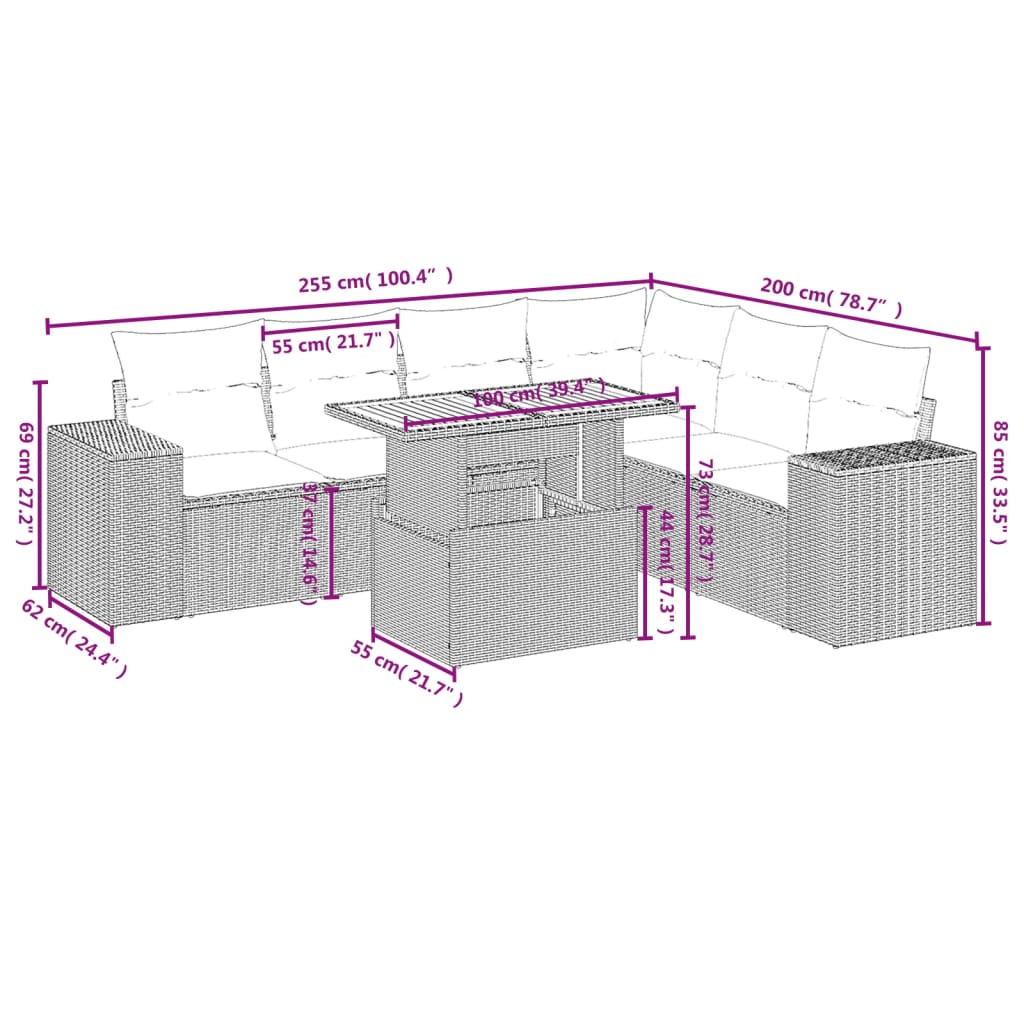 Set de comedor de jardín 7 pzas y cojines ratán sintético negro - Vetonek