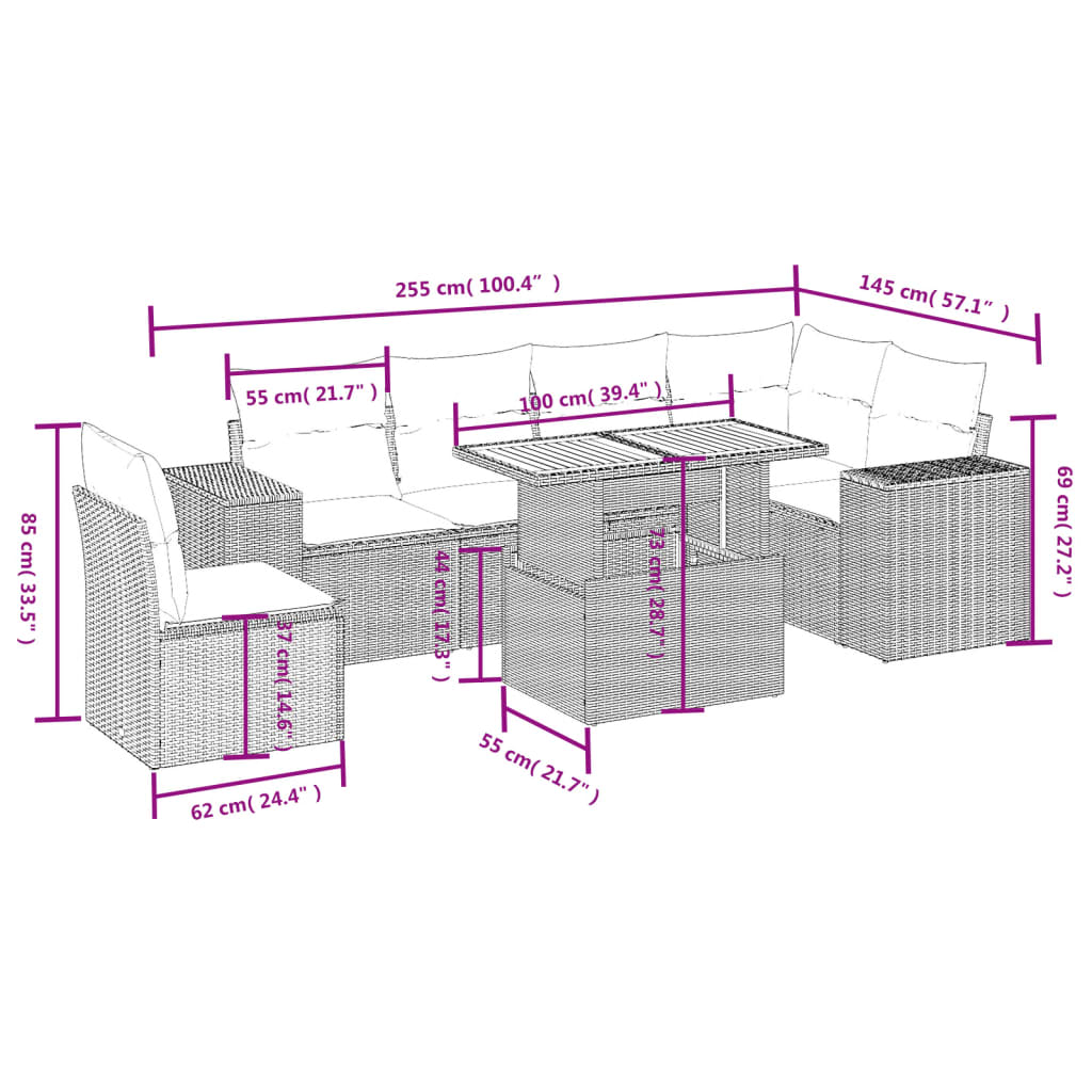 Set de comedor de jardín 7 pzas y cojines ratán sintético negro - Vetonek