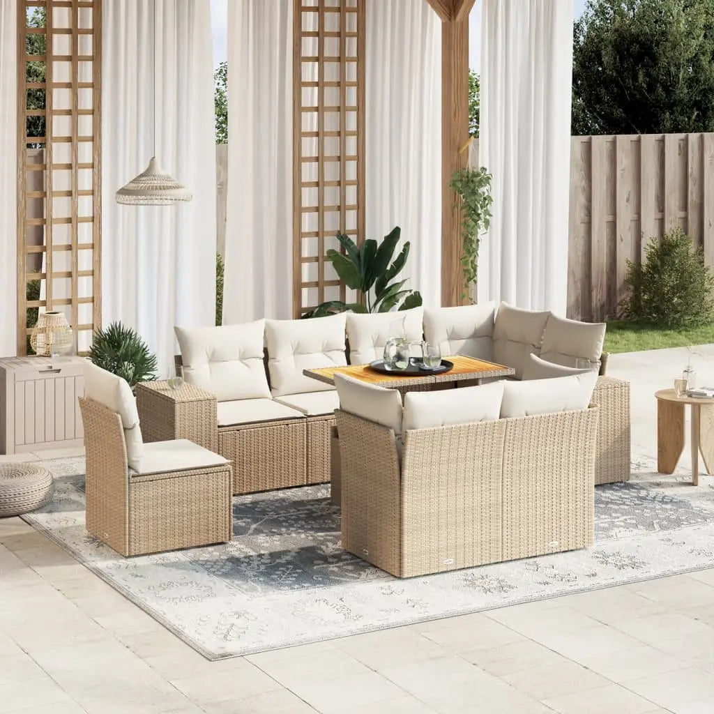 Vetonek Set de sofás de jardín 9 pzas con cojines ratán sintético beige