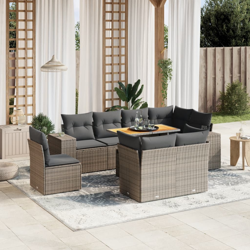 Vetonek Set de muebles de jardín 9 pzas y cojines ratán sintético gris