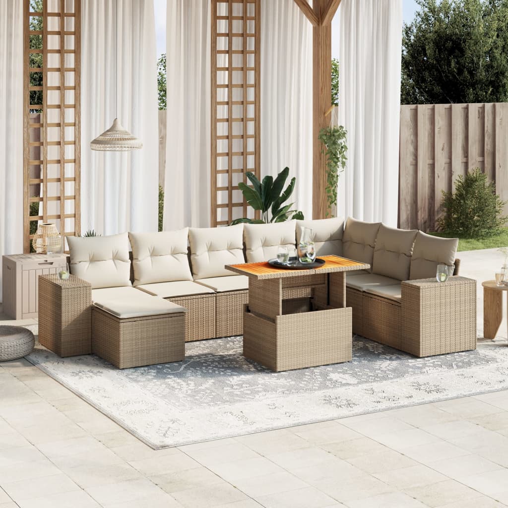 Vetonek Set de sofás de jardín 9 pzas con cojines ratán sintético beige