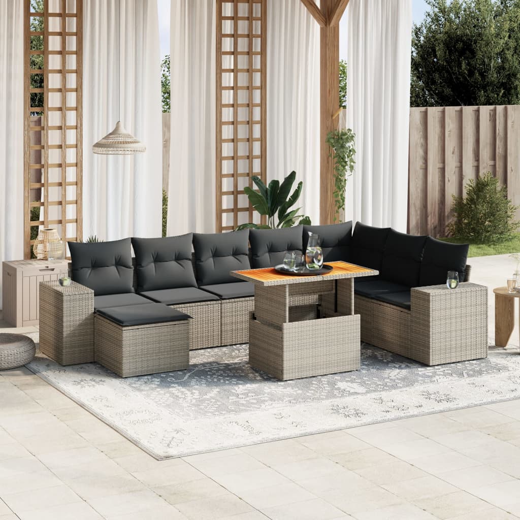 Vetonek Set de muebles de jardín 9 pzas y cojines ratán sintético gris