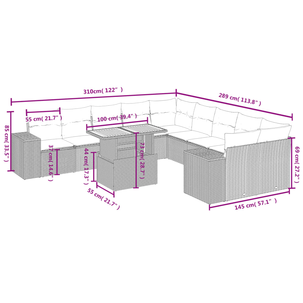 Set de sofás de jardín 11pzas con cojines ratán sintético beige