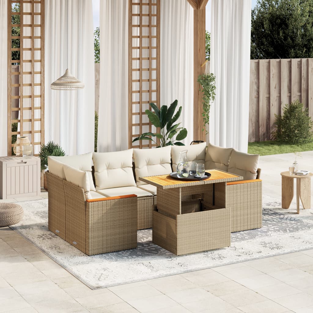 Vetonek Set sofás de jardín 7 piezas y cojines ratán sintético beige