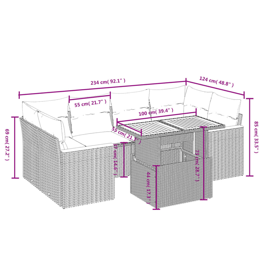 Set sofás de jardín 7 piezas y cojines ratán sintético beige