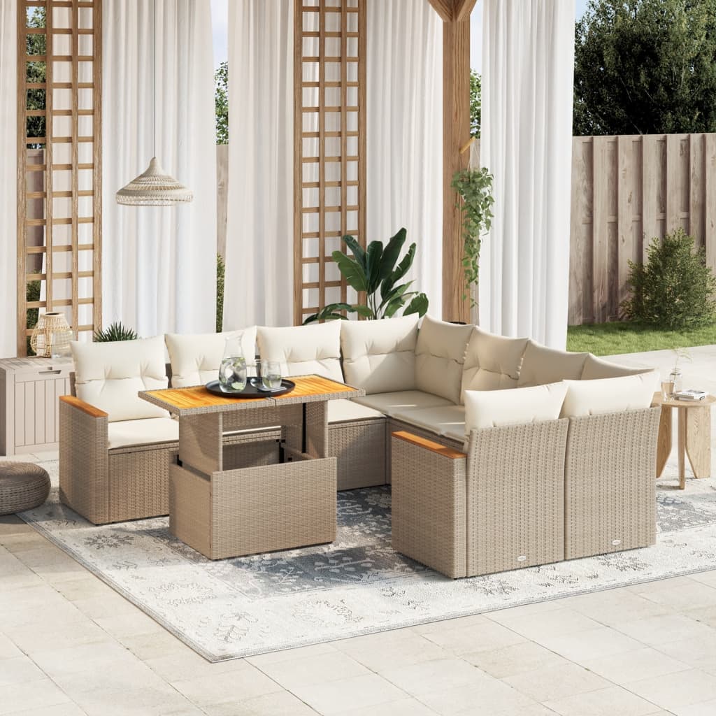 Vetonek Set de sofás de jardín 9 pzas con cojines ratán sintético beige