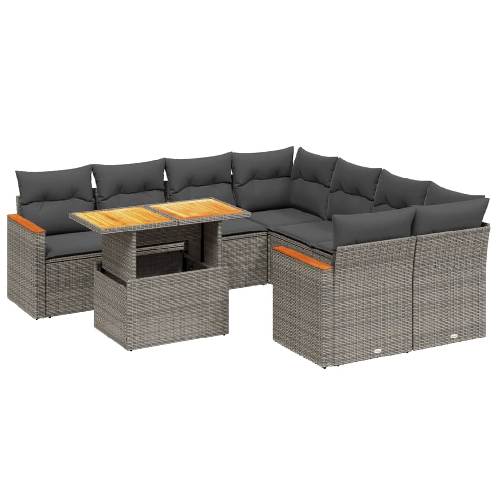 Set de muebles de jardín 9 pzas y cojines ratán sintético gris - Vetonek