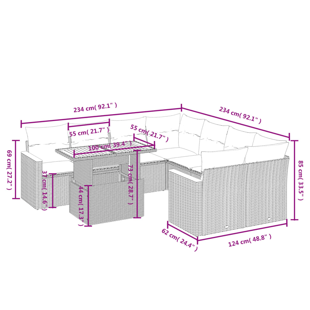 Set de muebles de jardín 9 pzas y cojines ratán sintético gris - Vetonek