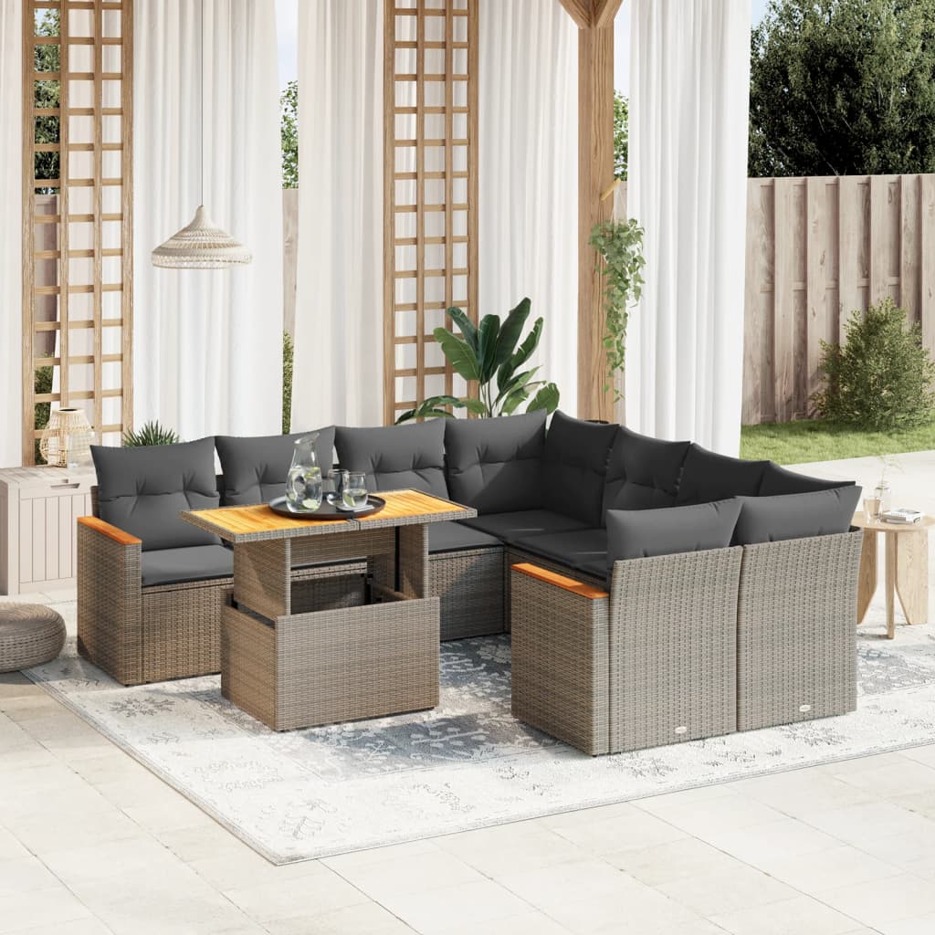 Vetonek Set de muebles de jardín 9 pzas y cojines ratán sintético gris