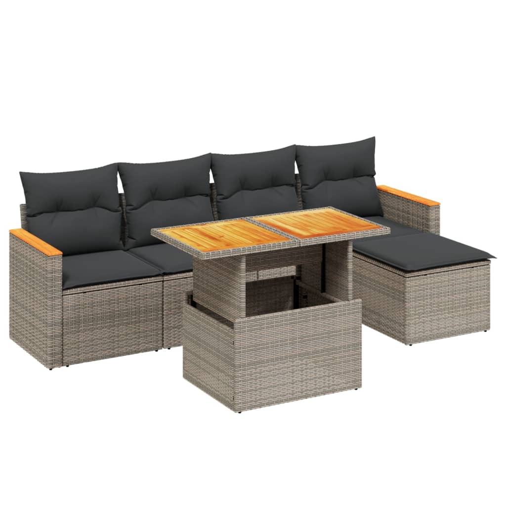 Set de muebles de jardín 6 pzas y cojines ratán sintético gris - Vetonek